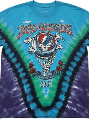 Liquid Blue Turquoise Tie-Dye Grateful Dead Skull & Roses Tee